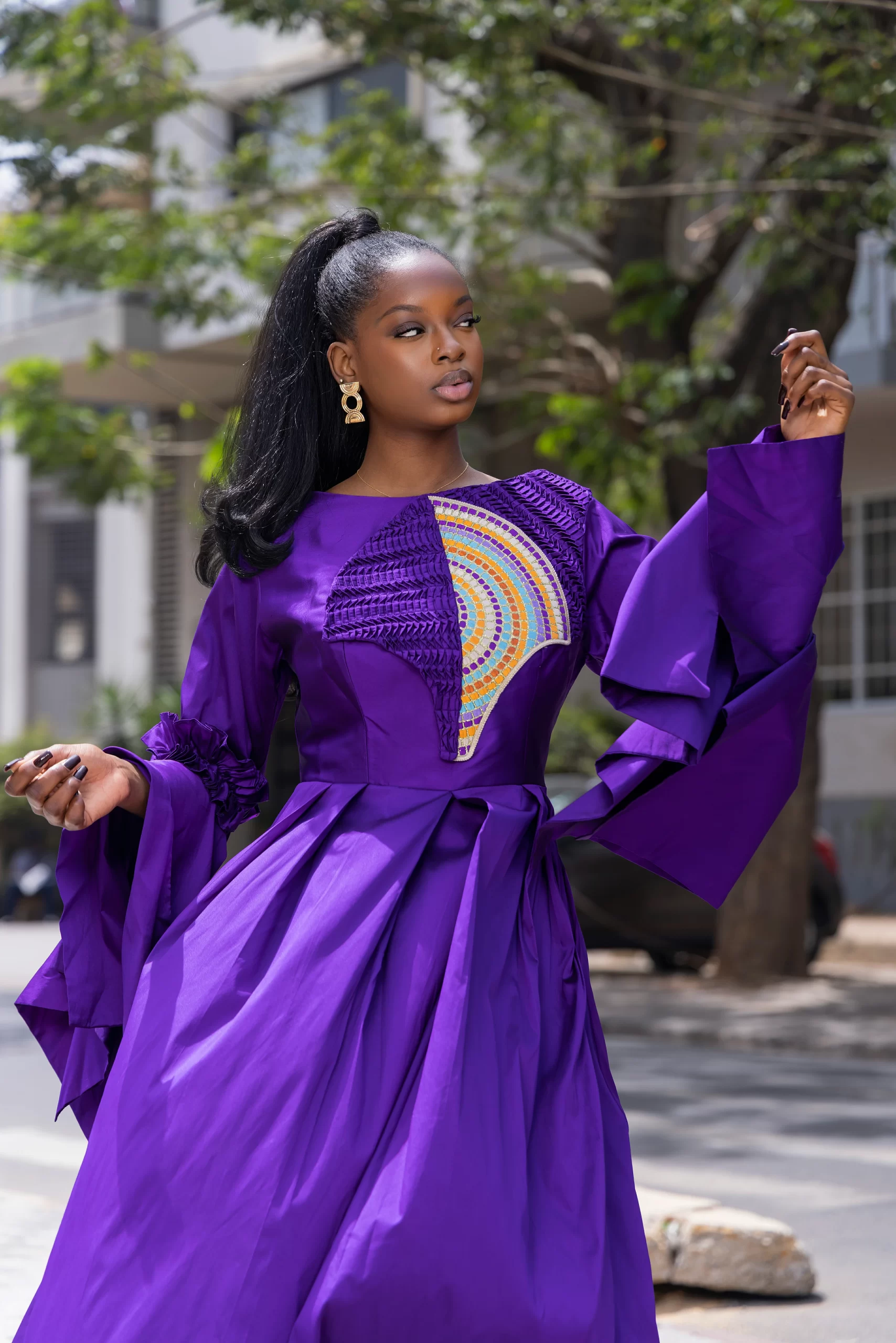 Robe Longue Violet - Empiècement Brodé Deux Tons – Image 2