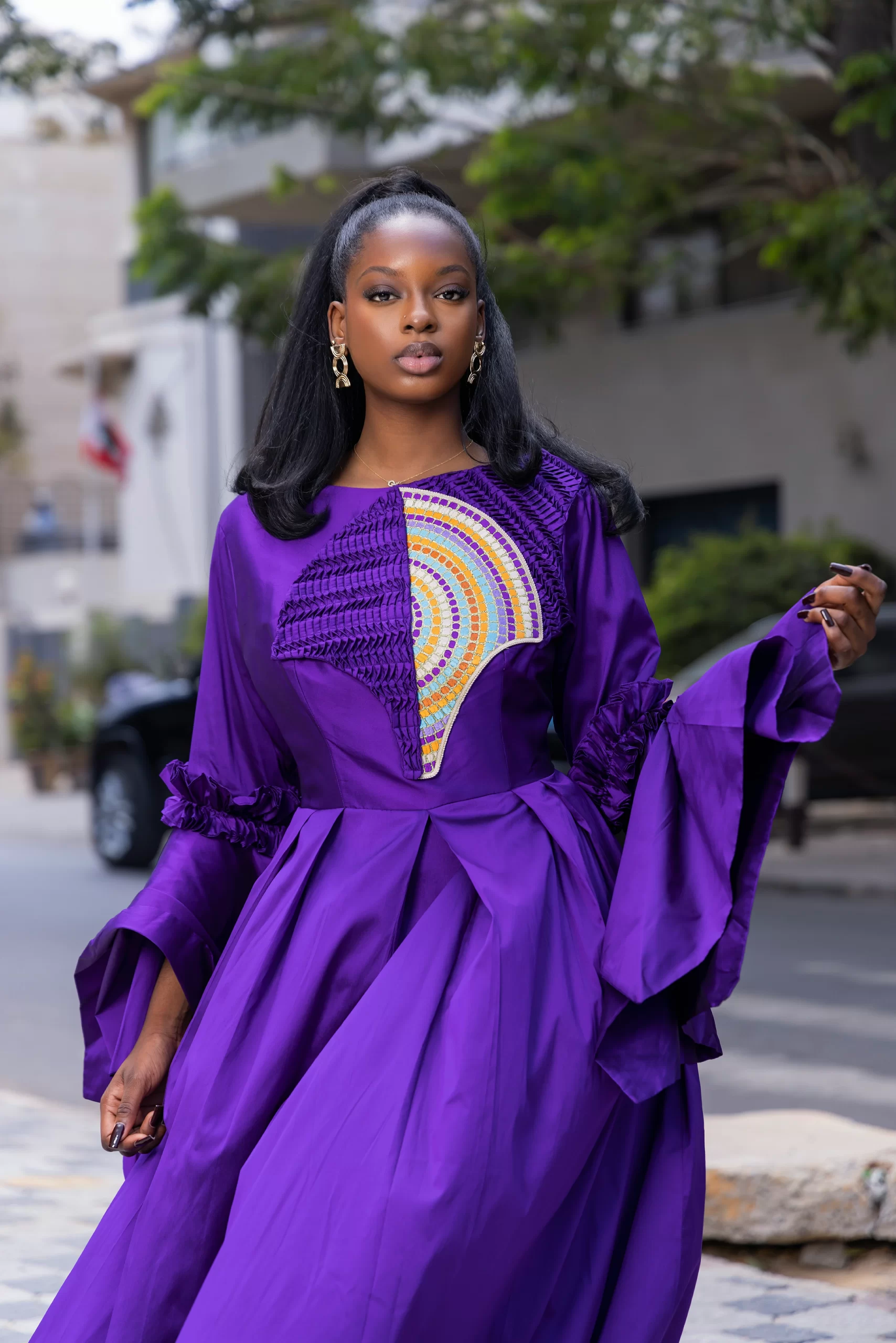 Robe Longue Violet - Empiècement Brodé Deux Tons – Image 3